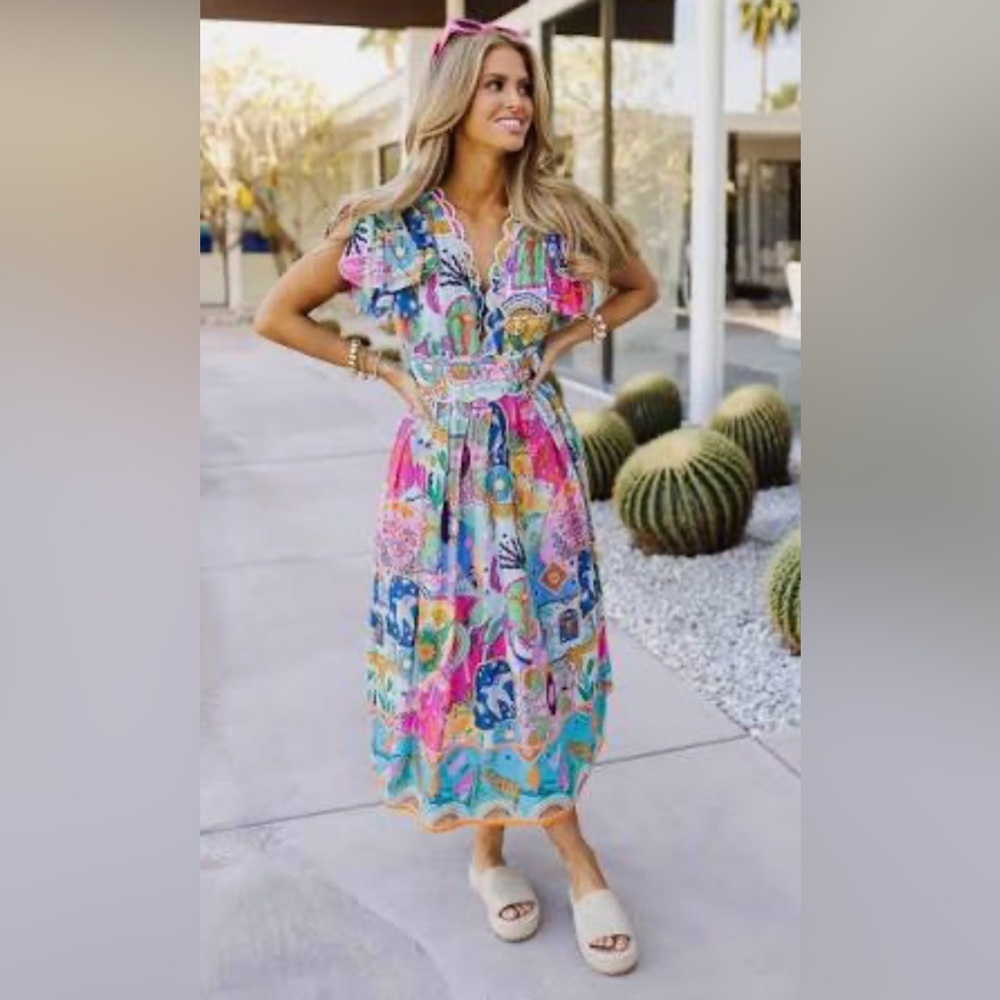 Vibrant Multicolor Sloane Midi Dress with Ruffle Sleeves